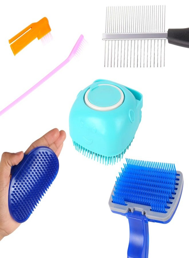 مجموعة فرش تنظيف الكلاب، مجموعة أدوات تنظيف الحيوانات الأليفة متعددة الألوان مع فرشاة ناعمة، وفرشاة تدليك، ومشط معدني، وفرشاة أسنان (عبوة من 5 قطع) - Image 1